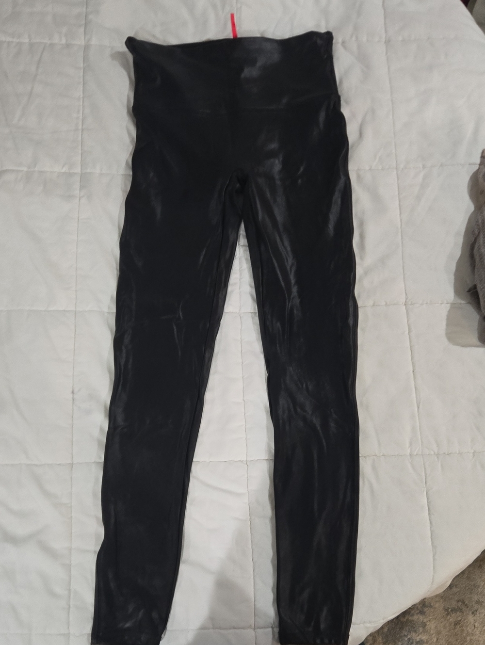 SPANX Black Faux Leather-Look Leggings with Red Brand Tag